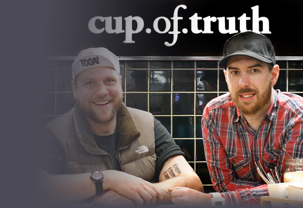 Courtney Joel Patterson and Jonathan Freema Cup of truth Courtney Joel Patterson and Jonathan Freeman stand next to a counter with coffee and sugar on it and the Cup of truth sign hanging behind